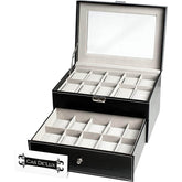 Watch Box Organizer Pillow Case 20 Slot Premium Display Cases with Framed Glass Lid Elegant Contrast Stitching Sturdy and Secure Lock for Men and Women Watch and Jewelry Large Holder Boxes- Mail Order Brown Box