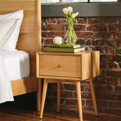 Silk & Snow - Mid-Century Modern Nightstand (Natural Rubberwood)
