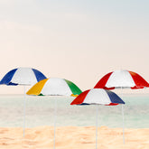 Beach Umbrella (3) Red,White, Blue- (3) Navy, White - (3) Red, White - (3) Green, Yellow,White- Without Tilt , Material 100% Polyester - 170 Thread 166 CMS Diameter (ARC)  X Ribs 19/22 MM Diameter White Poles