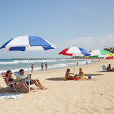 Beach Umbrella (3) Red,White, Blue- (3) Navy, White - (3) Red, White - (3) Green, Yellow,White- Without Tilt , Material 100% Polyester - 170 Thread 166 CMS Diameter (ARC) X Ribs 19/22 MM Diameter White Poles