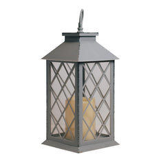 GRAY LANTERN ~ Dimensions: 5.5 x 13.5 LED lights, 2x AA Batteries (not included) 5 hour timer