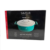 Cast Iron 6qt (30cm) oval roaster with Stainless Steel Lid Cast Iron with enamel coating interior and exterior, s/s 304, double wall lid, satin finished.Saveur Blue
