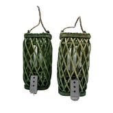 Barbara King S/2 12 SQ Wicker Lantern w/ Tiki Flame- Green