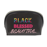 BLACK PU SMALL DOME COSMETIC BAG WITH BLACK, BLESSED AND BEAUTIFUL WORD GRAPHIC