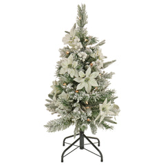 3' Feel Real® Frosted Colonial Pencil Slim Hinged Tree with 10 White Poinsettias, 10 White Berries & 50 Clear Lights-UL