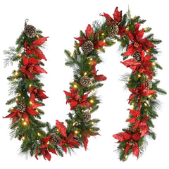 9' X 12 Decorative Collection Feel Real® Garland with 16 Red Poinsettia,12 Gold Edged Cones 12 Flocked Cedar & 100 Clear Lights-UL