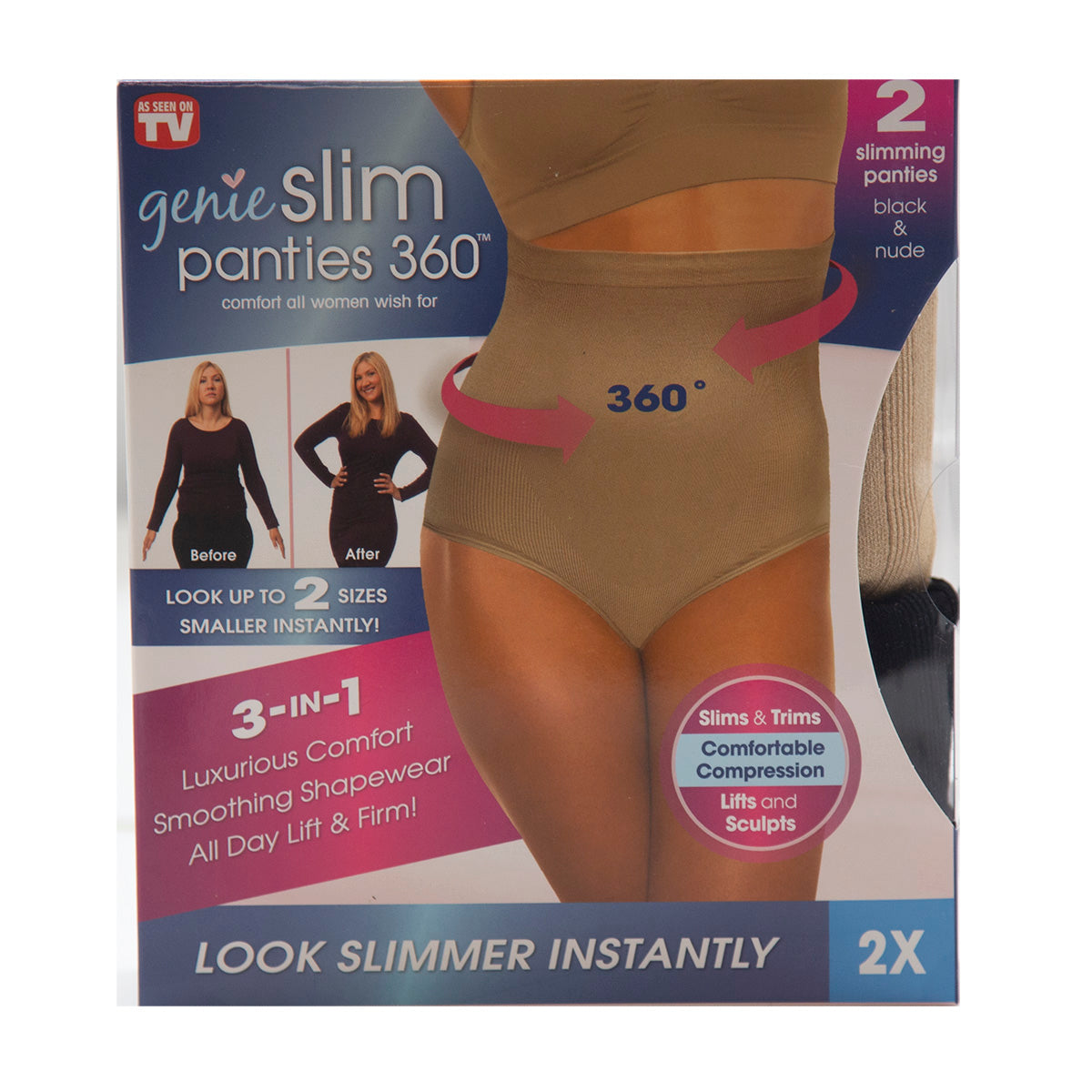 Genie Slim Panties 360 2 pack Nude/Black 2X - Retail Box - As Seen