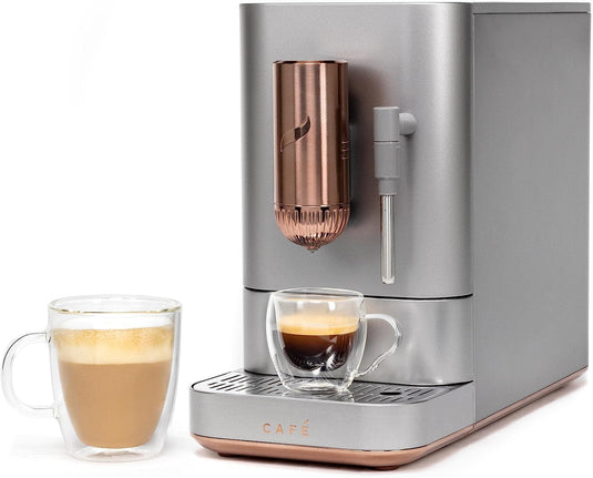 GE CAFÉ™ Affetto Automatic Espresso Machine + Frother Steel Silver w/ copper accents