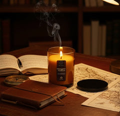 15 OZ Brad jar Mahogany Teakwood -2 Wick, Colored Glass, Metallic Bop Label