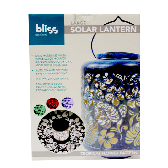 Bliss large decorative outdoor color changing solar lantern- tropical flower brushed blue