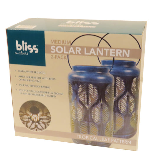 Bliss Med-2pck Decorative Outdoor Slr Lantern-wht Only Led-tropical Leaf-brushed Blue
