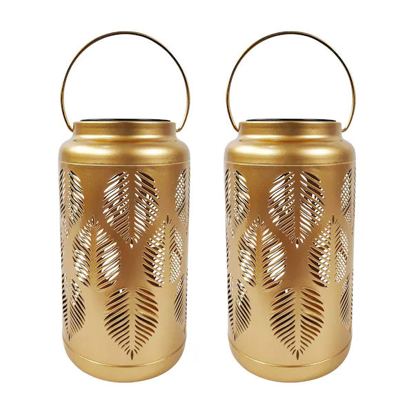 Load image into Gallery viewer, Bliss Med-2pck Decorative Outdoor Slr Lantern-wht Only Led-tropical Leaf-gold
