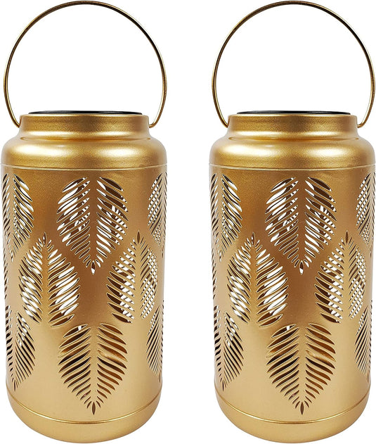 Bliss Med-2pck Decorative Outdoor Slr Lantern-wht Only Led-tropical Leaf-gold