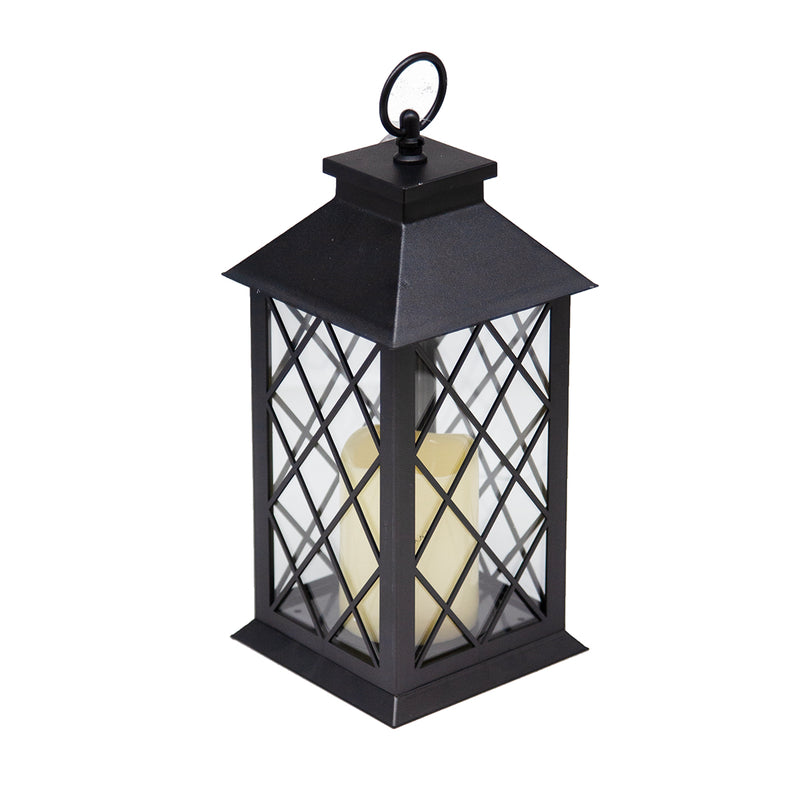 Load image into Gallery viewer, Indoor/Outdoor Black Lattice LED Lantern w/ 4-Hour Battery-Saving Timer 5.5&quot;L x 5.5&quot;W x 13.5&quot;H
