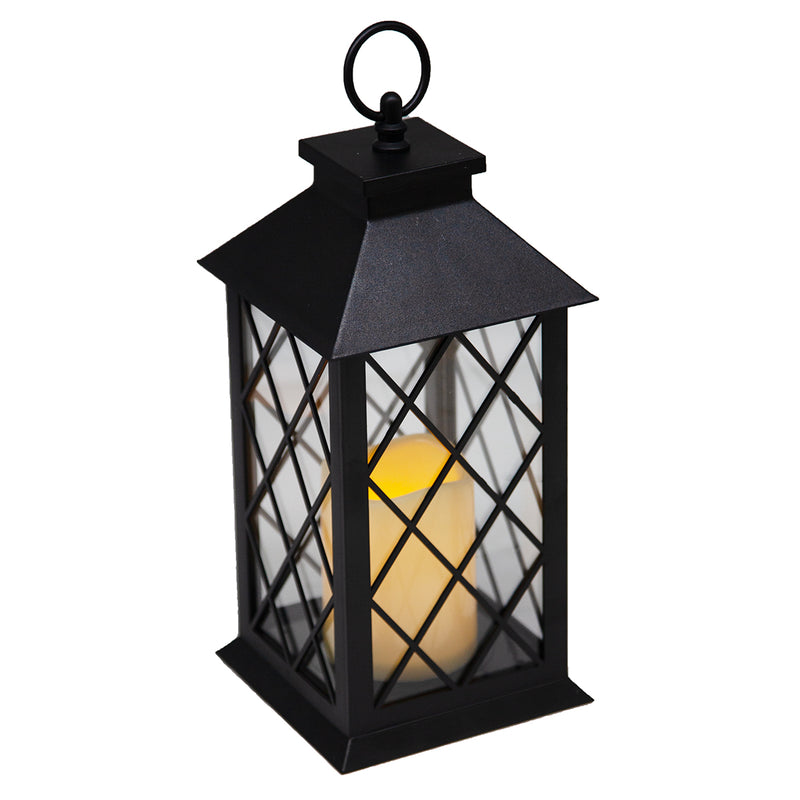 Load image into Gallery viewer, Indoor/Outdoor Black Lattice LED Lantern w/ 4-Hour Battery-Saving Timer 5.5&quot;L x 5.5&quot;W x 13.5&quot;H
