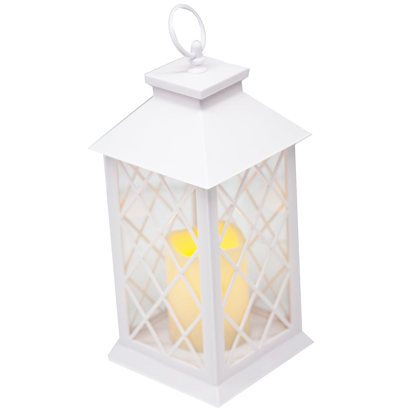 Load image into Gallery viewer, Indoor/Outdoor White Lattice LED Lantern w/ 4-Hour Battery-Saving Timer 5.5&quot;L x 5.5&quot;W x 13.5&quot;H
