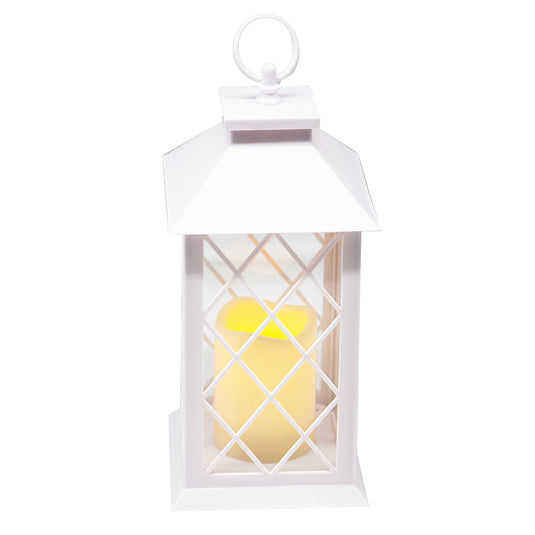Indoor/Outdoor White Lattice LED Lantern w/ 4-Hour Battery-Saving Timer 5.5"L x 5.5"W x 13.5"H
