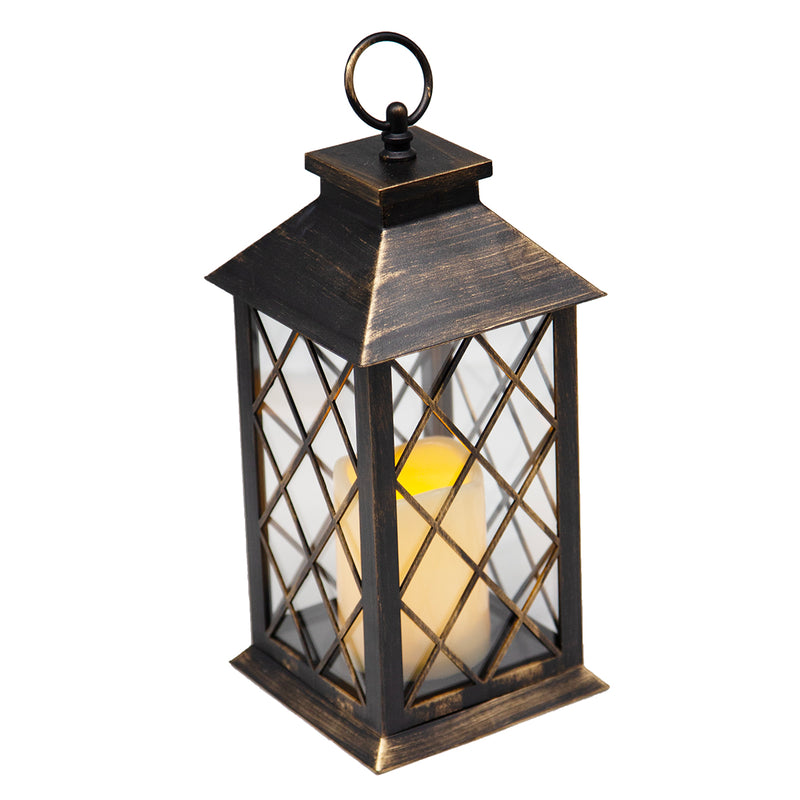 Load image into Gallery viewer, Indoor/Outdoor Copper Lattice LED Lantern w/ 4-Hour Battery-Saving Timer 5.5&quot;L x 5.5&quot;W x 13.5&quot;H

