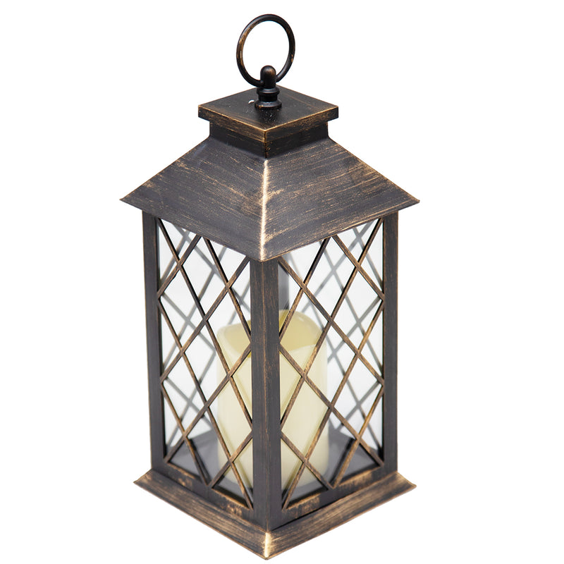Load image into Gallery viewer, Indoor/Outdoor Copper Lattice LED Lantern w/ 4-Hour Battery-Saving Timer 5.5&quot;L x 5.5&quot;W x 13.5&quot;H
