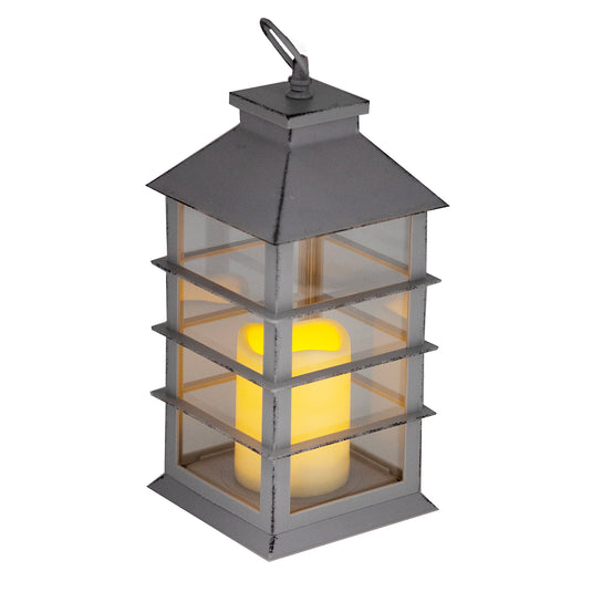 Indoor/Outdoor Gray Modern LED Lantern w/ 4-Hour Battery-Saving Timer 5.5"L x 5.5"W x 13.5"H
