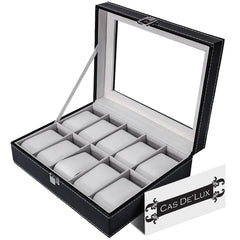 Luxury Watch Box 10 Velvet Pillow Slots, Premium Display Case With Framed Glass Lid, Elegant Contrast Stitching, Sturdy & Secure Lock By Cas De` Lux