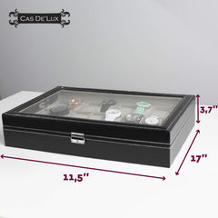 Luxury Watch Box 24 Velvet Pillow Slots, Premium Display Case With Framed Glass Lid, Elegant Contrast Stitching, Sturdy & Secure Lock By Cas De` Lux