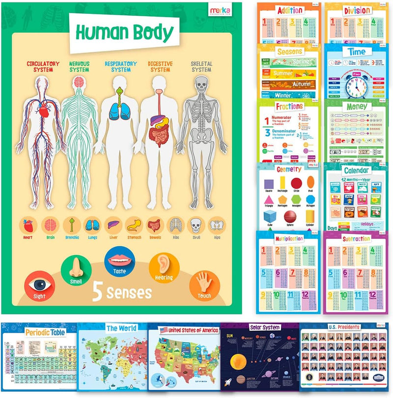 Load image into Gallery viewer, Poster Set of 16 - Add, Sub, Divide, Fractions, Mutliplication, Geometry, Time, Human Body, Calendar, Money, Seasons, Solar System, USA Map, World MAP, Periodic Table, USA Prez
