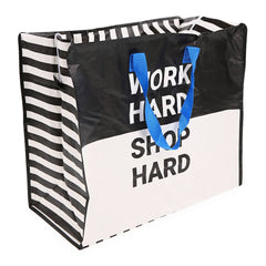 Room 2 Room Work Hard Shop Hard Black and White Reusable Jumbo Shopper Bag With Blue Straps Pre Priced $2