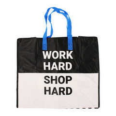 Room 2 Room Work Hard Shop Hard Black and White Reusable Jumbo Shopper Bag With Blue Straps Pre Priced $2