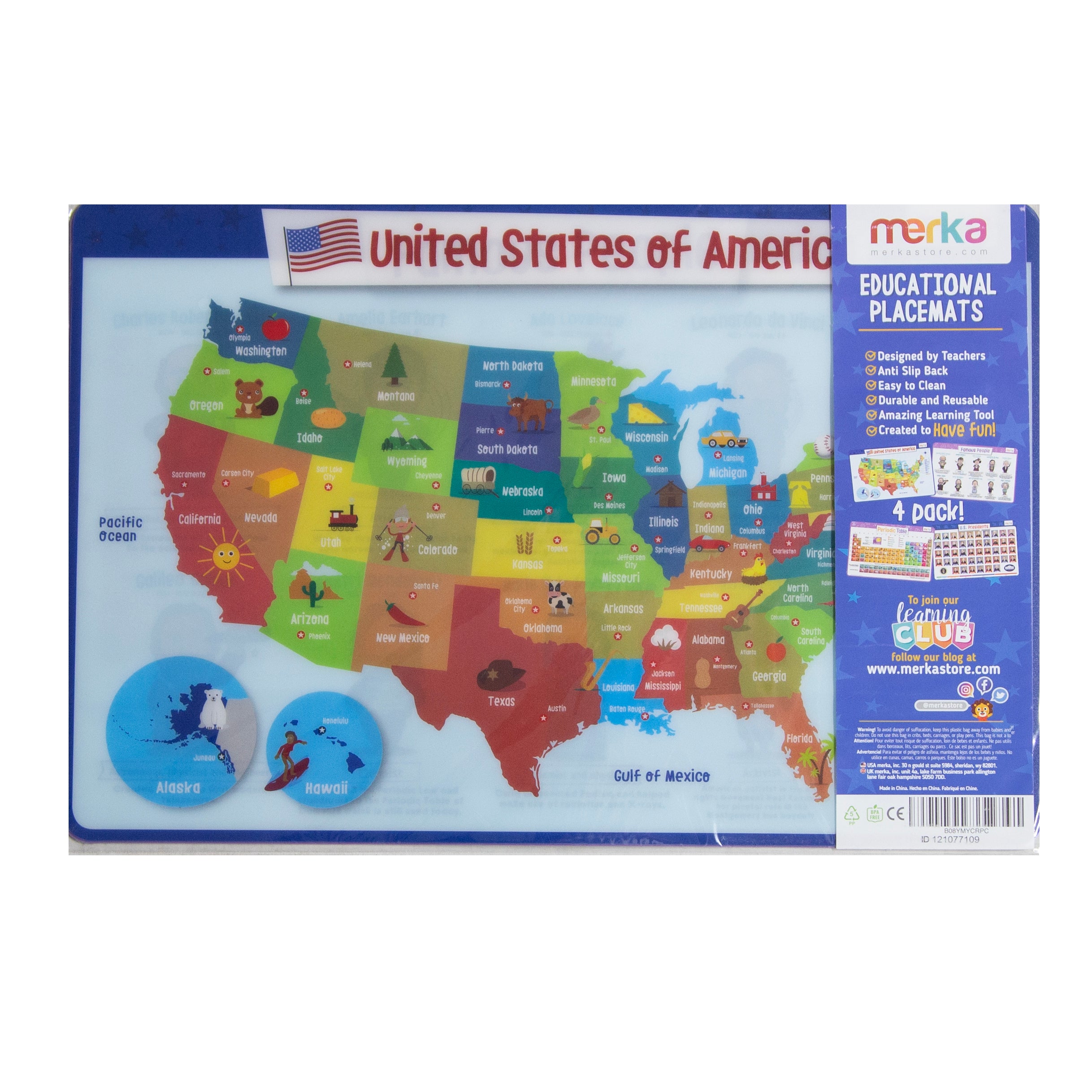 Placemat Set of 4 - USA Map, Famous PPL, Period Table, USA Presidents ...