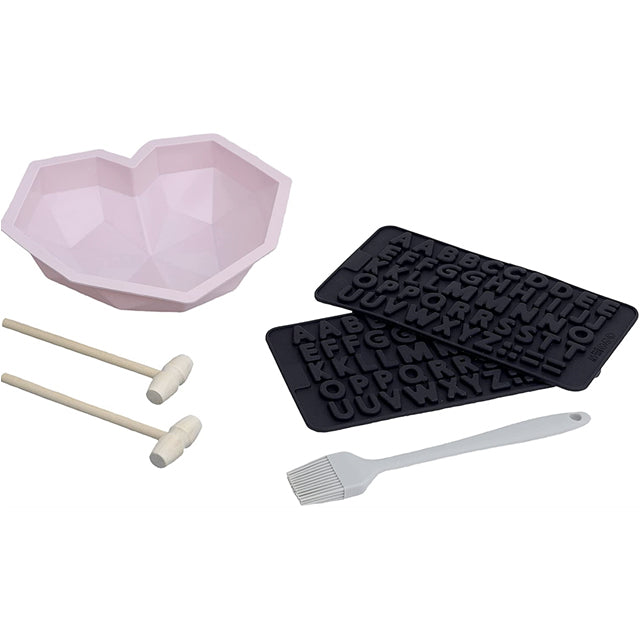 Load image into Gallery viewer, Silli Goose Silicone Heart Mold Baking Set Includes 1 heart mold, 2 letter molds, 2 wooden hammers &amp; 1 basting brush

