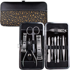 Manicure Pedicure Set Nail Clippers – 12 Piece Stainless Steel Hygiene Kit - Toenail Clippers Includes Cuticle Remover with Portable Travel Case Beauty Care Tools - Beauty Bon (BLACK) - Mail Order Bag