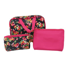 Jones NY -3-PC BLACK FLORAL PRINT AND FUCHSIA TRIO MIX COSMETIC BAG SET