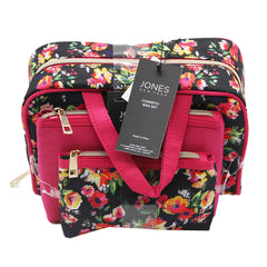 Jones NY -3-PC BLACK FLORAL PRINT AND FUCHSIA TRIO MIX COSMETIC BAG SET