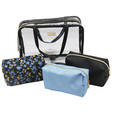 Jones NY -4-PC BLUE FLORAL PATTERN, SOLID COLOR NYLON AND PU POUCH, CLEAR PVC NESTED COSMETIC BAG SET