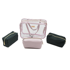 Jones NY -4-PC JNY REPEAT LOGO PATTERN, SOLID COLOR NYLON AND PU POUCH, CLEAR PVC NESTED COSMETIC BAG SET