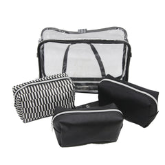 Jones NY -4-PC B/W JNY LOGO PATTERN, SOLID COLOR NYLON AND PU POUCH, CLEAR PVC NESTED COSMETIC BAG SET