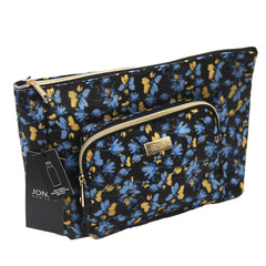 Jones NY -BLUE FLORAL PATTERN NYLON FRONT EXTENDED POCKET TOP ZIP COSMETIC BAG