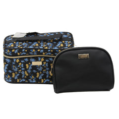 Jones NY -2-PC BLUE FLORAL PATTERN NYLON TRAIN CASE AND PU DOME POUCH SET