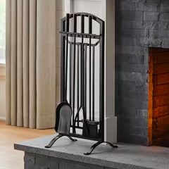 5 piece Fireplace Toolset Black Finish Includes Poker, Shovel, Brush, Tongs and Stand 12in W x 10.6in D X 30.1 in H
