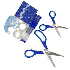 Stationery Gift Set - Blue Includes: 2 pairs of Scissors 8in,+  5.5in 3 Rolls of Clear Tape, 1 Tape Dispenser , 1 Sticky Notepad, 3 Blue Gel Pens