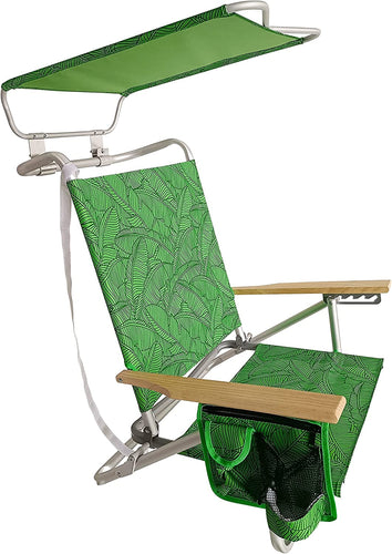 Bliss Fldng Beach Chair w/canopy, Pocket, Cup Hldr, & Carry Straps - Green Banana Leaves