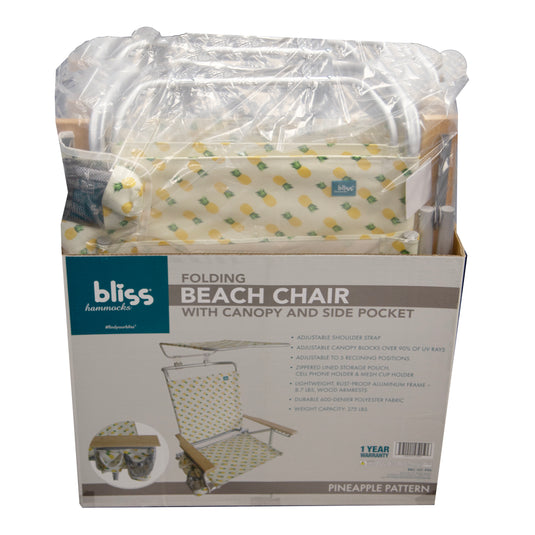 Bliss Fldng Beach Chair W/canopy, Pocket, Cup Hldr, & Carry Straps - Pineapple