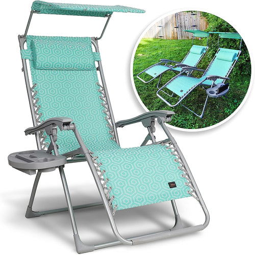 Bliss 2 Chairs In 1 Box 26in Gravity Free Recliners w/pillow, Canopy&tray ,teal Geome