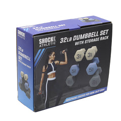 Shock Athletic 32 lb Dumbbell Set ( Includes: 2- 3 lb Weights, 2 - 5 lb Weights, 2 - 8 lb Weights , 1 - Dumbbell Tree ) - Retail Box in Mail Order