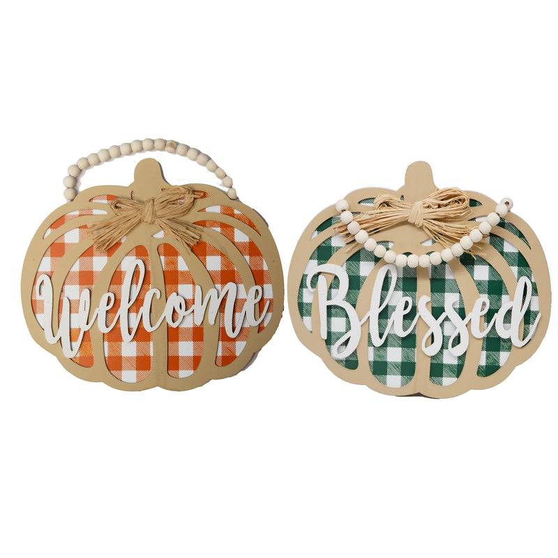 Load image into Gallery viewer, Hanging Wood Gingham Pumpkins 12&quot; 2 Styles
