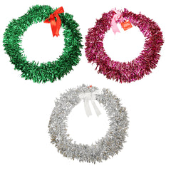 Tinsel Wreath 24in. Assorted Colors (4) Pink UPC # 1-922340-364576 (4) Green UPC # 1-922340-364576 (4) Silvers UPC # 1-922340-364583 - Pre Sticked $5- 12 pcs per case - Priced and Sold By Pc