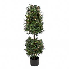 48 Boxwood Cone and Ball Topiary in Black Plastic Nursery Pot with 150 Clear Lights-UL- A/C- Pack 1