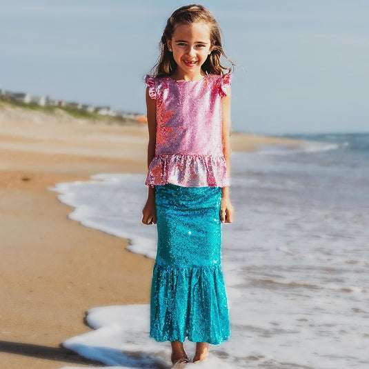 Butterfly Craze Pink Top With Turquoise Skirt Girl'S Mermaid Costume - Birthdays, Halloween Or Dress-Up - Large Ages 5-6