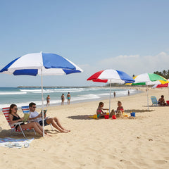 Beach Umbrella (3) Red,White, Blue- (3) Navy, White - (3) Red, White - (3) Green, Yellow,White- Without Tilt , Material 100% Polyester - 170 Thread 166 CMS Diameter (ARC)  X Ribs 19/22 MM Diameter White Poles